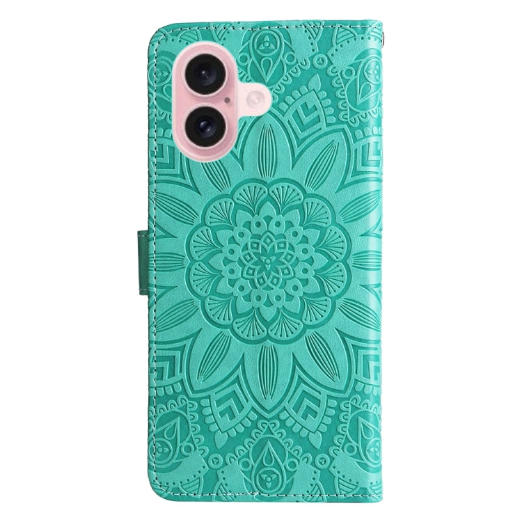 For iPhone 16 Embossed Sunflower Leather Phone Case(Green) - iPhone 16 Cases by buy2fix | Online Shopping UK | buy2fix