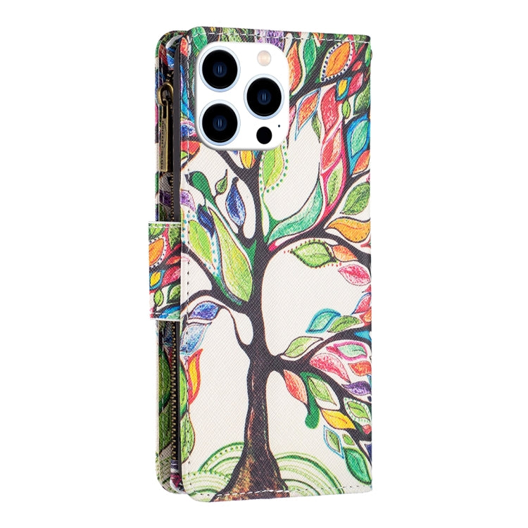 For iPhone 16 Pro Max Colored Drawing Pattern Zipper Phone Leather Case(Tree) - iPhone 16 Pro Max Cases by buy2fix | Online Shopping UK | buy2fix