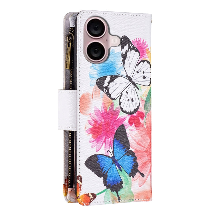 For iPhone 16 Colored Drawing Pattern Zipper Phone Leather Case(Two Butterflies) - iPhone 16 Cases by buy2fix | Online Shopping UK | buy2fix