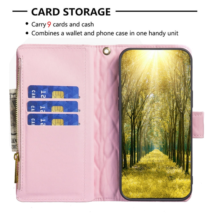 For iPhone 16 Pro Max Diamond Lattice Zipper Wallet Leather Flip Phone Case(Pink) - iPhone 16 Pro Max Cases by buy2fix | Online Shopping UK | buy2fix