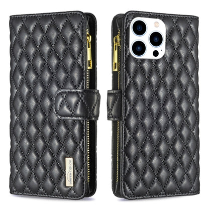 For iPhone 16 Pro Max Diamond Lattice Zipper Wallet Leather Flip Phone Case(Black) - iPhone 16 Pro Max Cases by buy2fix | Online Shopping UK | buy2fix