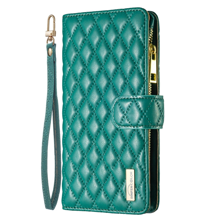 For iPhone 16 Diamond Lattice Zipper Wallet Leather Flip Phone Case(Green) - iPhone 16 Cases by buy2fix | Online Shopping UK | buy2fix