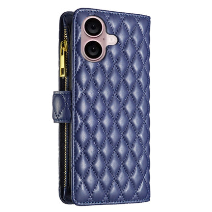 For iPhone 16 Plus Diamond Lattice Zipper Wallet Leather Flip Phone Case(Blue) - iPhone 16 Plus Cases by buy2fix | Online Shopping UK | buy2fix