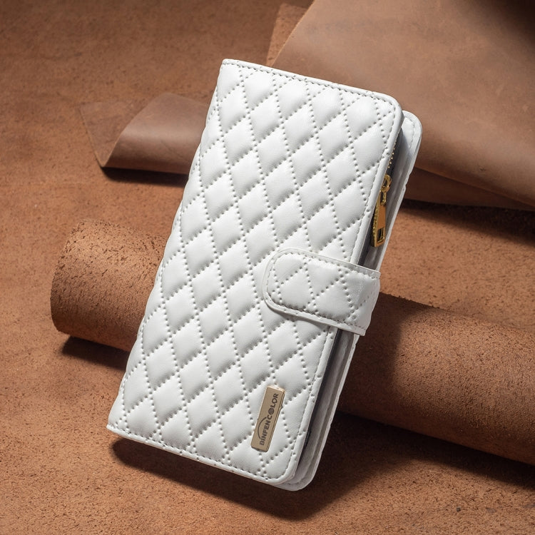 For iPhone 16 Plus Diamond Lattice Zipper Wallet Leather Flip Phone Case(White) - iPhone 16 Plus Cases by buy2fix | Online Shopping UK | buy2fix