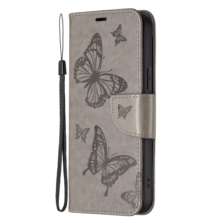 For iPhone 16 Embossing Two Butterflies Pattern Leather Phone Case(Grey) - iPhone 16 Cases by buy2fix | Online Shopping UK | buy2fix