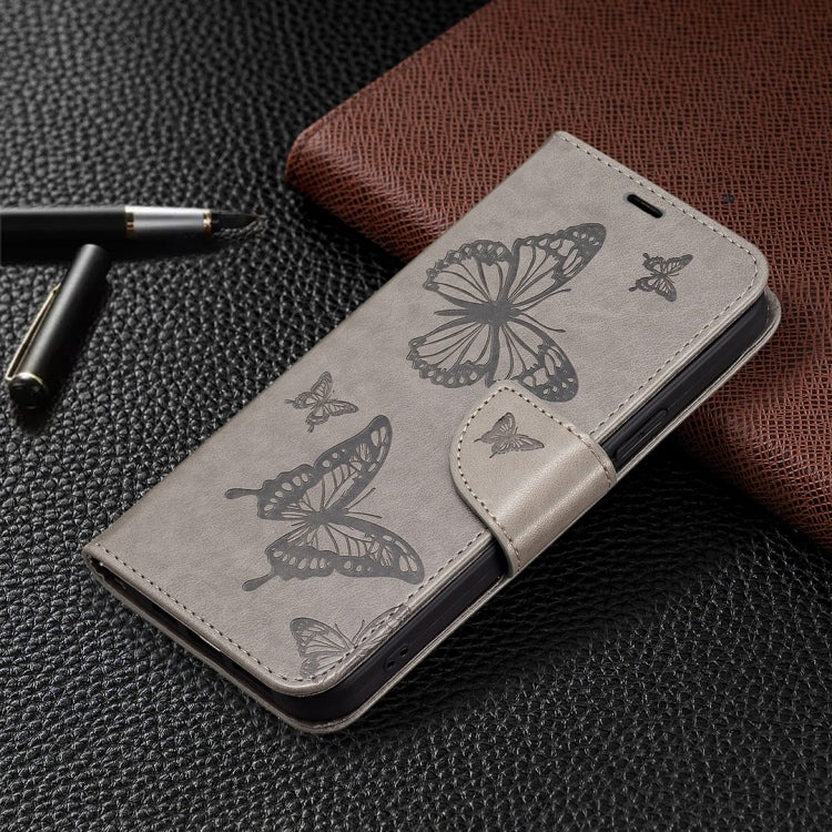 For iPhone 16 Plus Embossing Two Butterflies Pattern Leather Phone Case(Grey) - iPhone 16 Plus Cases by buy2fix | Online Shopping UK | buy2fix