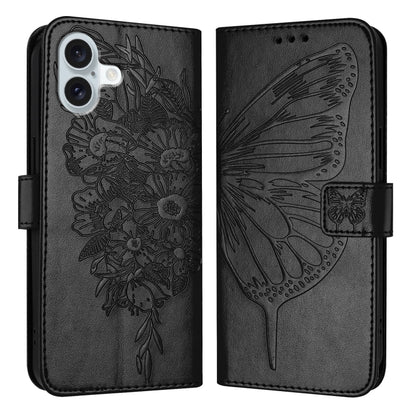 For iPhone 16 Plus Embossed Butterfly Leather Phone Case(Black) - iPhone 16 Plus Cases by buy2fix | Online Shopping UK | buy2fix