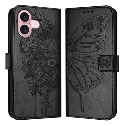 For iPhone 16 Embossed Butterfly Leather Phone Case(Black) - iPhone 16 Cases by buy2fix | Online Shopping UK | buy2fix