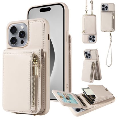 For iPhone 16 Pro Max Crossbody Lanyard Zipper Wallet Leather Phone Case(Beige) - iPhone 16 Pro Max Cases by buy2fix | Online Shopping UK | buy2fix