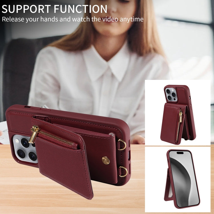 For iPhone 16 Pro Max Crossbody Lanyard Zipper Wallet Leather Phone Case(Wine Red) - iPhone 16 Pro Max Cases by buy2fix | Online Shopping UK | buy2fix