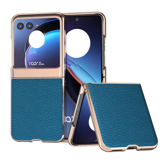 For Motorola Razr 40 Ultra Nano Electroplating Genuine Leather Litchi Texture Phone Case(Blue) - Motorola Cases by buy2fix | Online Shopping UK | buy2fix