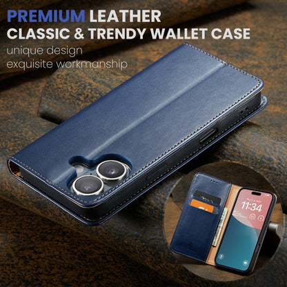 For iPhone 16 Plus Fierre Shann PU Genuine Leather Texture Phone Case(Blue) - iPhone 16 Plus Cases by FIERRE SHANN | Online Shopping UK | buy2fix