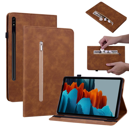 For Samsung Galaxy Tab S9+ Skin Feel Solid Color Zipper Leather Tablet Case(Brown) - Galaxy Tab S9+ Cases by buy2fix | Online Shopping UK | buy2fix