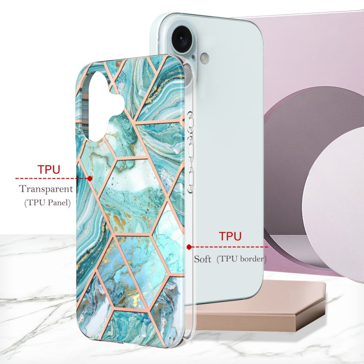 For iPhone 16 Electroplating Splicing Marble Flower Pattern Dual-side IMD TPU Shockproof Phone Case(Green) - iPhone 16 Cases by buy2fix | Online Shopping UK | buy2fix