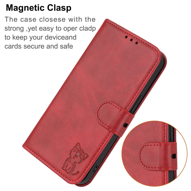 For iPhone 16 Pro Embossed Happy Cat Pattern Flip Leather Phone Case(Red) - iPhone 16 Pro Cases by buy2fix | Online Shopping UK | buy2fix