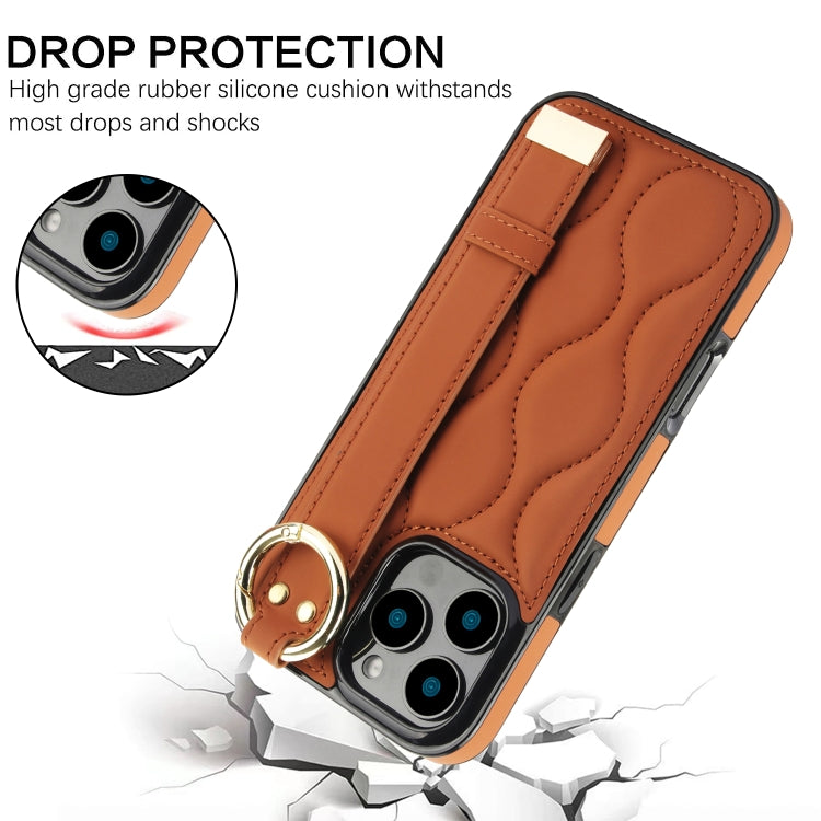 For iPhone 16 Pro Non-slip Full Coverage Ring PU Phone Case with Wristband(Brown) - iPhone 16 Pro Cases by buy2fix | Online Shopping UK | buy2fix