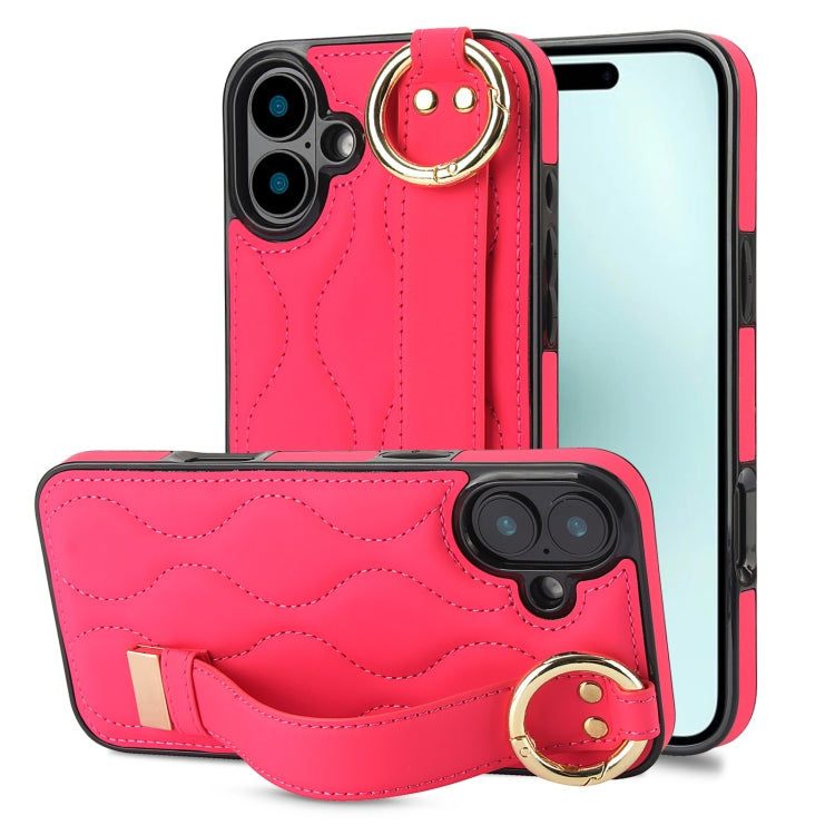 For iPhone 16 Plus Non-slip Full Coverage Ring PU Phone Case with Wristband(Rose Red) - iPhone 16 Plus Cases by buy2fix | Online Shopping UK | buy2fix