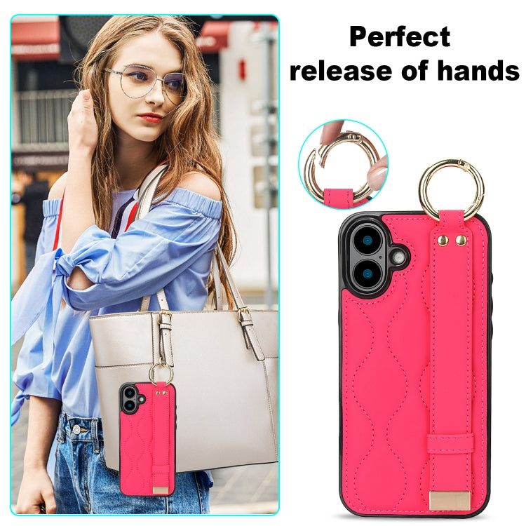 For iPhone 16 Plus Non-slip Full Coverage Ring PU Phone Case with Wristband(Rose Red) - iPhone 16 Plus Cases by buy2fix | Online Shopping UK | buy2fix