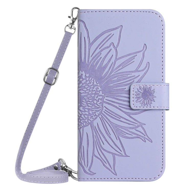 For Motorola Moto G Play 4G 2024 HT04 Skin Feel Sun Flower Embossed Flip Leather Phone Case with Lanyard(Purple) - Motorola Cases by buy2fix | Online Shopping UK | buy2fix