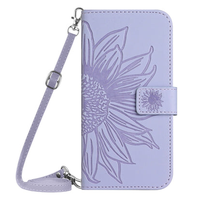 For Motorola Moto G Play 5G 2024 HT04 Skin Feel Sun Flower Embossed Flip Leather Phone Case with Lanyard(Purple) - Motorola Cases by buy2fix | Online Shopping UK | buy2fix