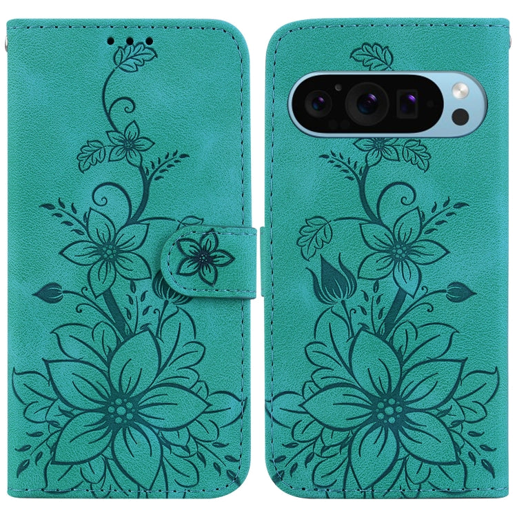 For Google Pixel 9 Pro Lily Embossed Leather Phone Case(Green) - Google Cases by buy2fix | Online Shopping UK | buy2fix