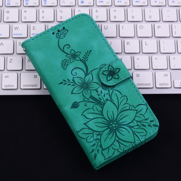 For iPhone 16 Lily Embossed Leather Phone Case(Green) - iPhone 16 Cases by buy2fix | Online Shopping UK | buy2fix