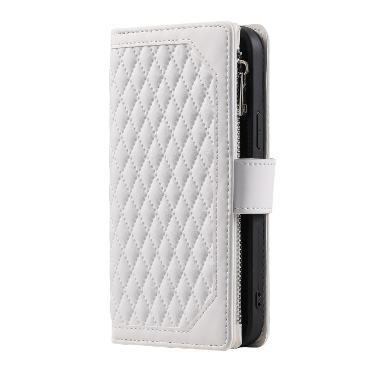 For iPhone 16 Pro Grid Texture Zipper Leather Phone Case with Lanyard(White) - iPhone 16 Pro Cases by buy2fix | Online Shopping UK | buy2fix