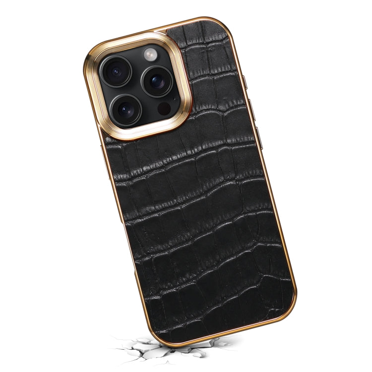 For iPhone 16 Pro Denior Crocodile Texture Genuine Leather Electroplating Phone Case(Black) - More iPhone Cases by Denior | Online Shopping UK | buy2fix