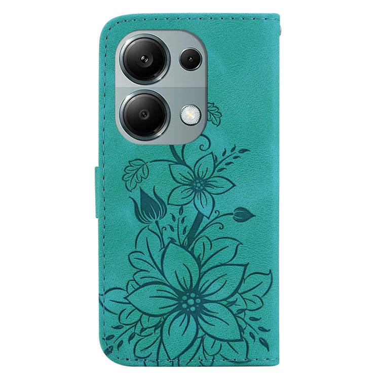 For Xiaomi Poco M6 Pro 4G Lily Embossed Leather Phone Case(Green) - Xiaomi Cases by buy2fix | Online Shopping UK | buy2fix