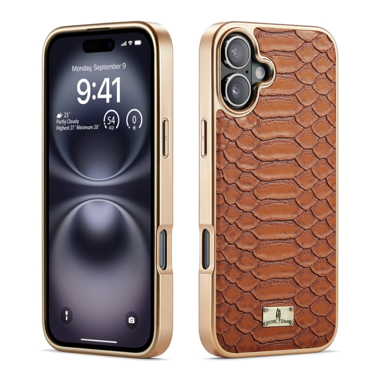 For iPhone 16 Plus Fierre Shann Python Texture Electroplating PU Phone Case(Brown) - iPhone 16 Plus Cases by FIERRE SHANN | Online Shopping UK | buy2fix