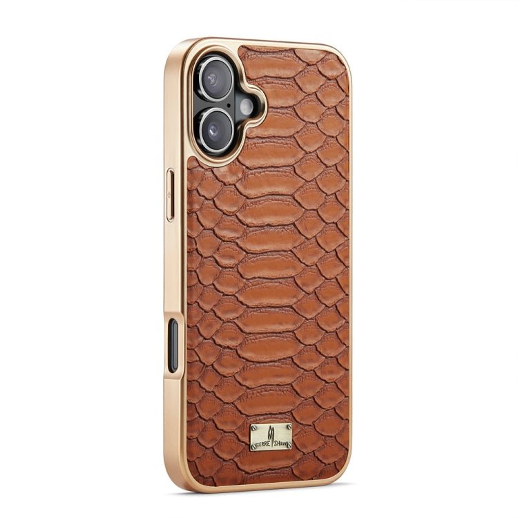 For iPhone 16 Plus Fierre Shann Python Texture Electroplating PU Phone Case(Brown) - iPhone 16 Plus Cases by FIERRE SHANN | Online Shopping UK | buy2fix