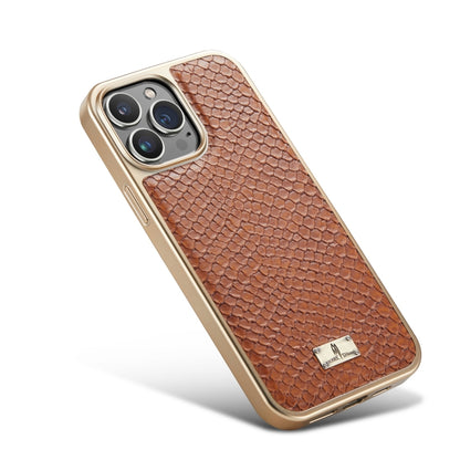 For iPhone 15 Pro Max Fierre Shann Snake Texture Electroplating PU Phone Case(Brown) - iPhone 15 Pro Max Cases by FIERRE SHANN | Online Shopping UK | buy2fix