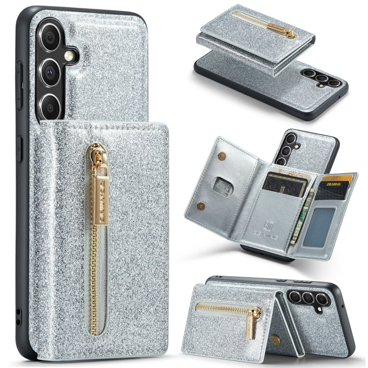 For Samsung Galaxy S23 FE 5G DG.MING M3 Series Glitter Powder Card Bag Leather Case(Silver) - Galaxy S23 FE 5G Cases by DG.MING | Online Shopping UK | buy2fix