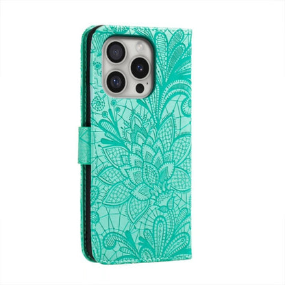 For iPhone 16 Pro Lace Flower Embossing Flip Leather Phone Case(Green) - iPhone 16 Pro Cases by buy2fix | Online Shopping UK | buy2fix