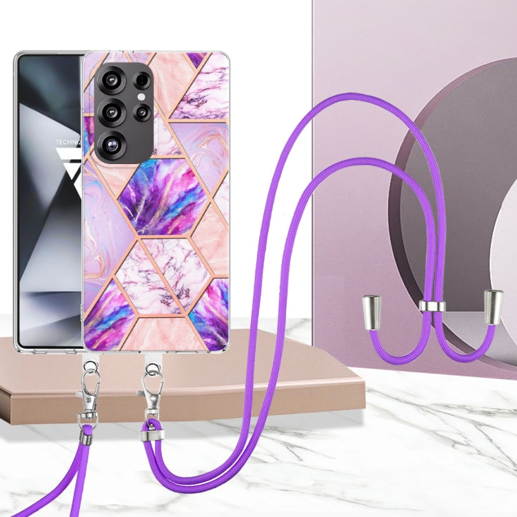 For Samsung Galaxy S25 Ultra 5G Electroplating IMD Splicing Dual-side Marble TPU Phone Case with Lanyard(Light Purple) - Galaxy S25 Ultra 5G Cases by buy2fix | Online Shopping UK | buy2fix