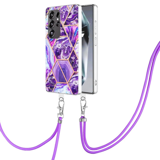 For Samsung Galaxy S25 Ultra 5G Electroplating IMD Splicing Dual-side Marble TPU Phone Case with Lanyard(Dark Purple) - Galaxy S25 Ultra 5G Cases by buy2fix | Online Shopping UK | buy2fix