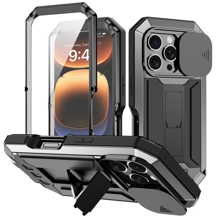 For iPhone 16 Pro R-JUST Sliding Camera IP54 Life Waterproof Holder Phone Case(Black) - iPhone 16 Pro Cases by R-JUST | Online Shopping UK | buy2fix