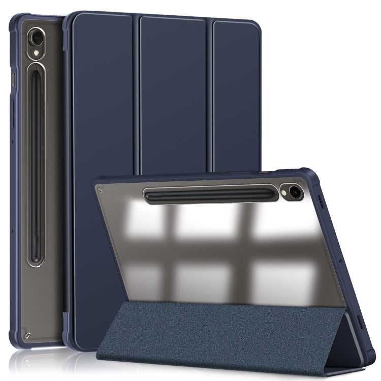 For Samsung Galaxy Tab S9 Acrylic 3-folding Smart Leather Tablet Case(Dark Blue) - Galaxy Tab S9 Cases by buy2fix | Online Shopping UK | buy2fix