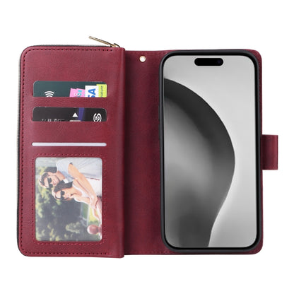 For iPhone 16 Pro Max 9 Card Slots Zipper Wallet Bag Leather Phone Case(Wine Red) - iPhone 16 Pro Max Cases by buy2fix | Online Shopping UK | buy2fix