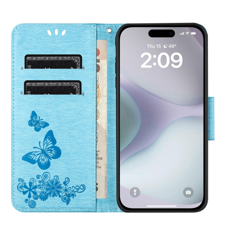 For iPhone 16 Butterfly Embossed Flip Leather Phone Case(Blue) - iPhone 16 Cases by buy2fix | Online Shopping UK | buy2fix