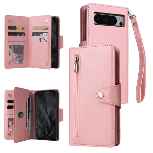 For Google Pixel 8 Pro Rivet Buckle 9 Cards Three Fold Leather Phone Case(Rose Gold) - Google Cases by buy2fix | Online Shopping UK | buy2fix