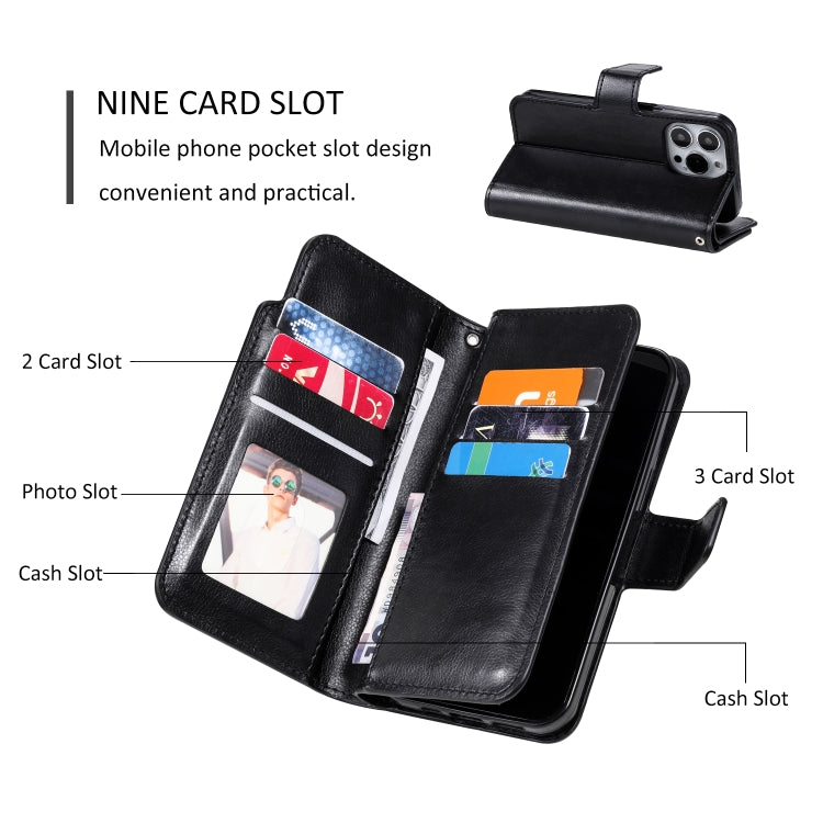 For iPhone 16 Pro Max Tri-Fold 9-Card Wallets Leather Phone Case(Black) - iPhone 16 Pro Max Cases by buy2fix | Online Shopping UK | buy2fix