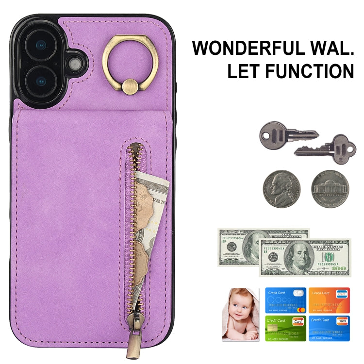 For iPhone 16 Retro Ring and Zipper RFID Card Slot Phone Case(Purple) - iPhone 16 Cases by buy2fix | Online Shopping UK | buy2fix