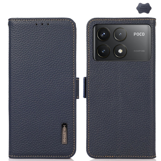 For Xiaomi Redmi K70 KHAZNEH Side-Magnetic Litchi Genuine Leather RFID Phone Case(Blue) - K70 Cases by buy2fix | Online Shopping UK | buy2fix