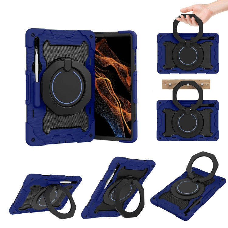 For Samsung Galaxy Tab S9 Ultra Armor Portable Rotating Ring Holder Silicone Tablet Case(Navy Blue) - Galaxy Tab S9 Ultra Cases by buy2fix | Online Shopping UK | buy2fix