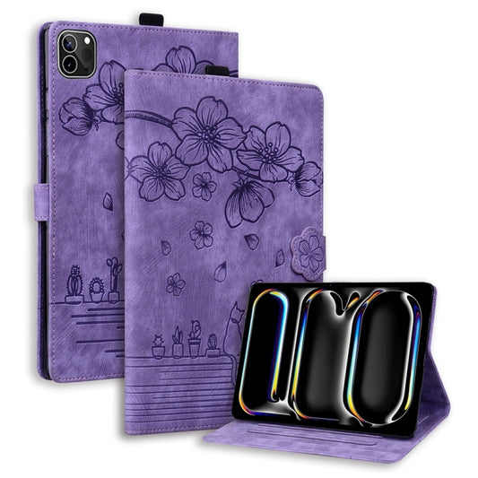 For iPad Pro 11 2024 Cartoon Sakura Cat Embossed Smart Leather Tablet Case(Purple) - iPad Pro 11 2024 Cases by buy2fix | Online Shopping UK | buy2fix