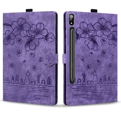 For Samsung Galaxy Tab S9 /S8 /S7 Cartoon Sakura Cat Embossed Smart Leather Tablet Case(Purple) - Galaxy Tab S9 Cases by buy2fix | Online Shopping UK | buy2fix