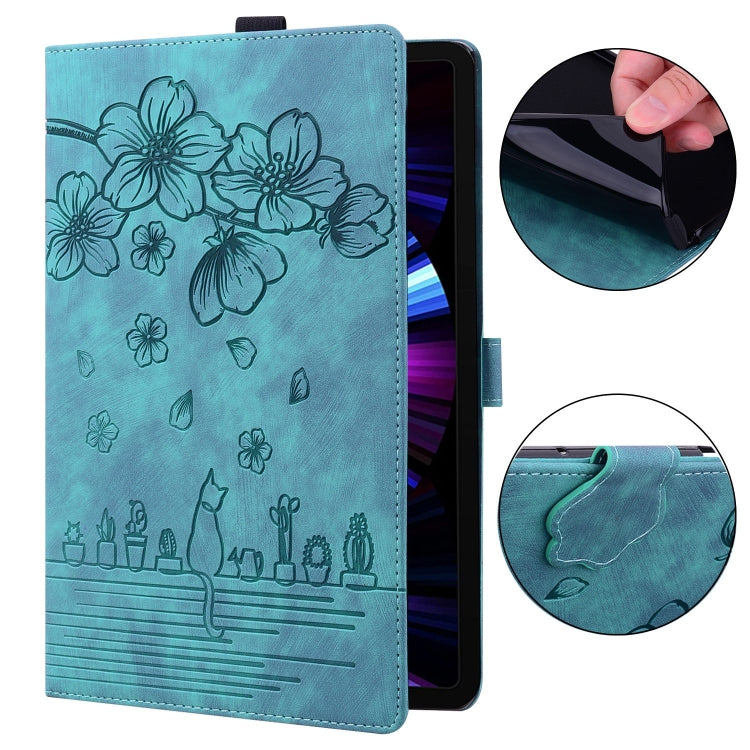 For Lenovo Tab P12 12.7 Cartoon Sakura Cat Embossed Leather Tablet Case(Green) - Lenovo by buy2fix | Online Shopping UK | buy2fix