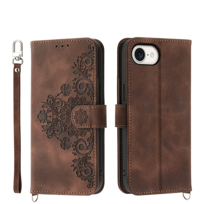 For iPhone 16e Skin-feel Flowers Embossed Wallet Leather Phone Case(Brown) - iPhone 16e Cases by buy2fix | Online Shopping UK | buy2fix