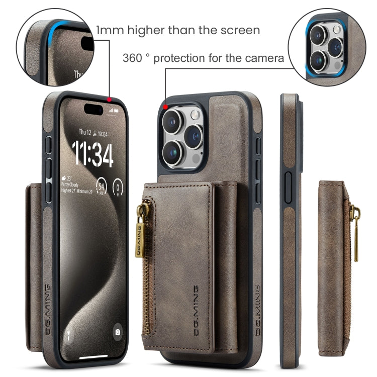 For iPhone 15 Pro DG.MING M5 Series Zip RFID Multi Card Detachable Leather Phone Case(Coffee) - iPhone 15 Pro Cases by DG.MING | Online Shopping UK | buy2fix